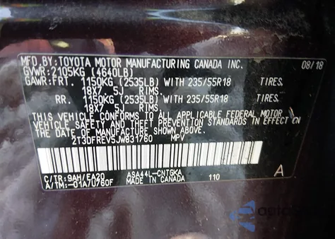 2018 Toyota Rav4 Limited z USA, uszkodzony, nr VIN 2T3DFREV5JW831760